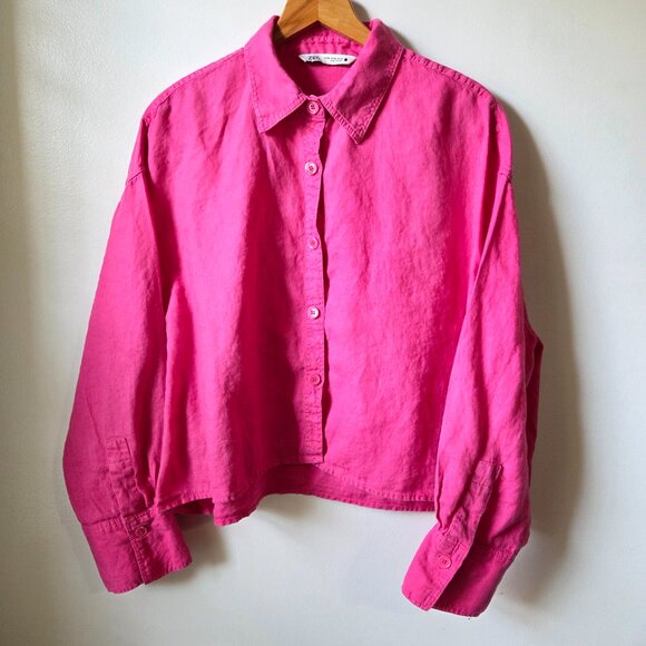 EUC ZARA PINK SEMI CROPPED BUTTON DOWN 100% LINEN SHIRT SIZE XXL WMN - Picture 1 of 16